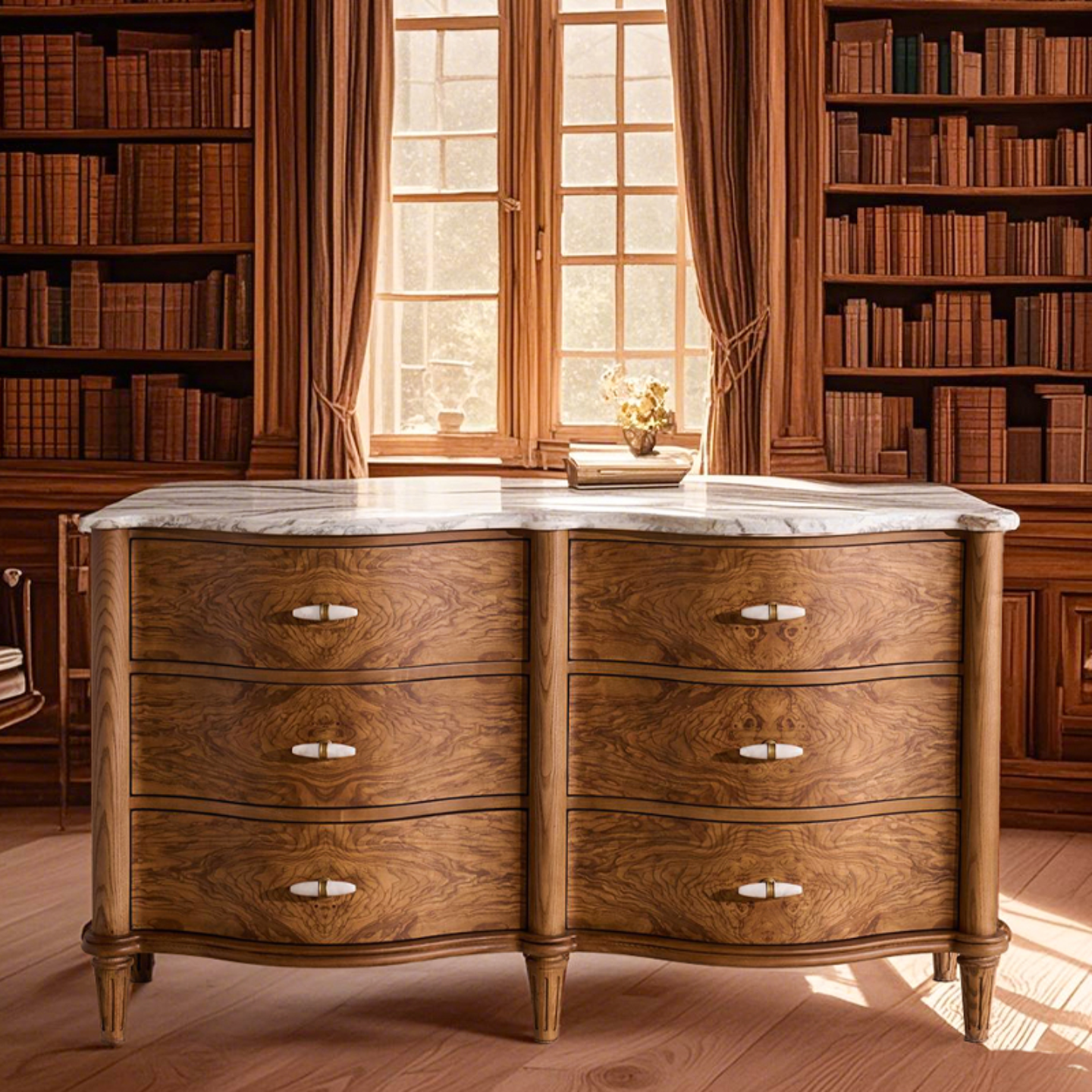 Burl Wood 6 Drawer Dresser with Marble Top, Curved Front Solid Wood Sideboard Chest, Wabi Sabi Inspired Storage Cabinet for Bedroom, Living Room, Entryway, Dining Room, and Hallway