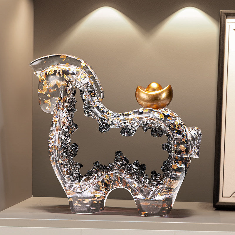 Gray Transparent Resin Horse Sculpture with Gold Ingot, Faux Crystal Prosperity Figurine with Metallic Flake Accents for Living Room, Office, Entryway, TV Console or Display Cabinet