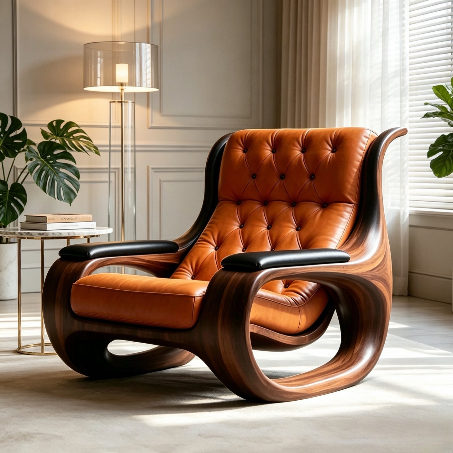 Solid Ash Wood Leather Accent Chair, Orange Tufted Lounge Armchair