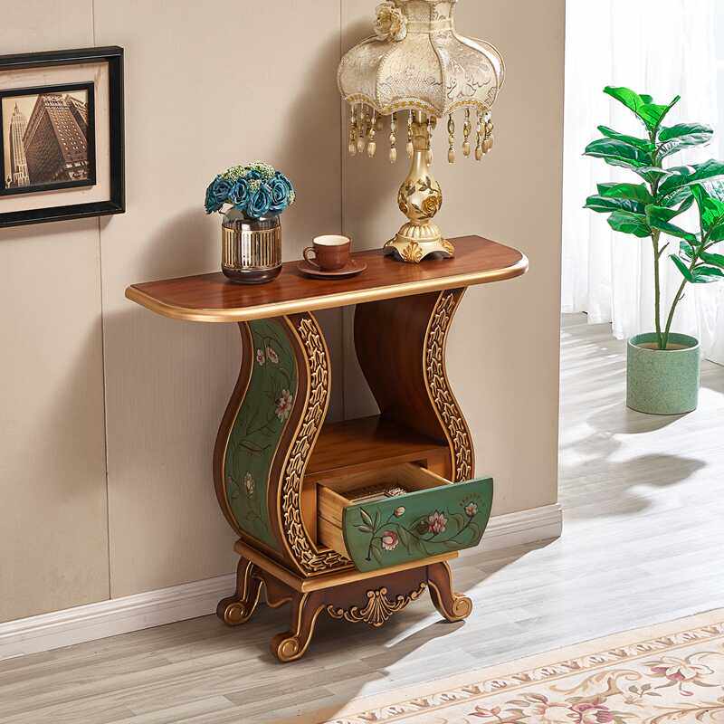 Solid Wood Console Cabinet with Drawer, Green Floral Accent Table