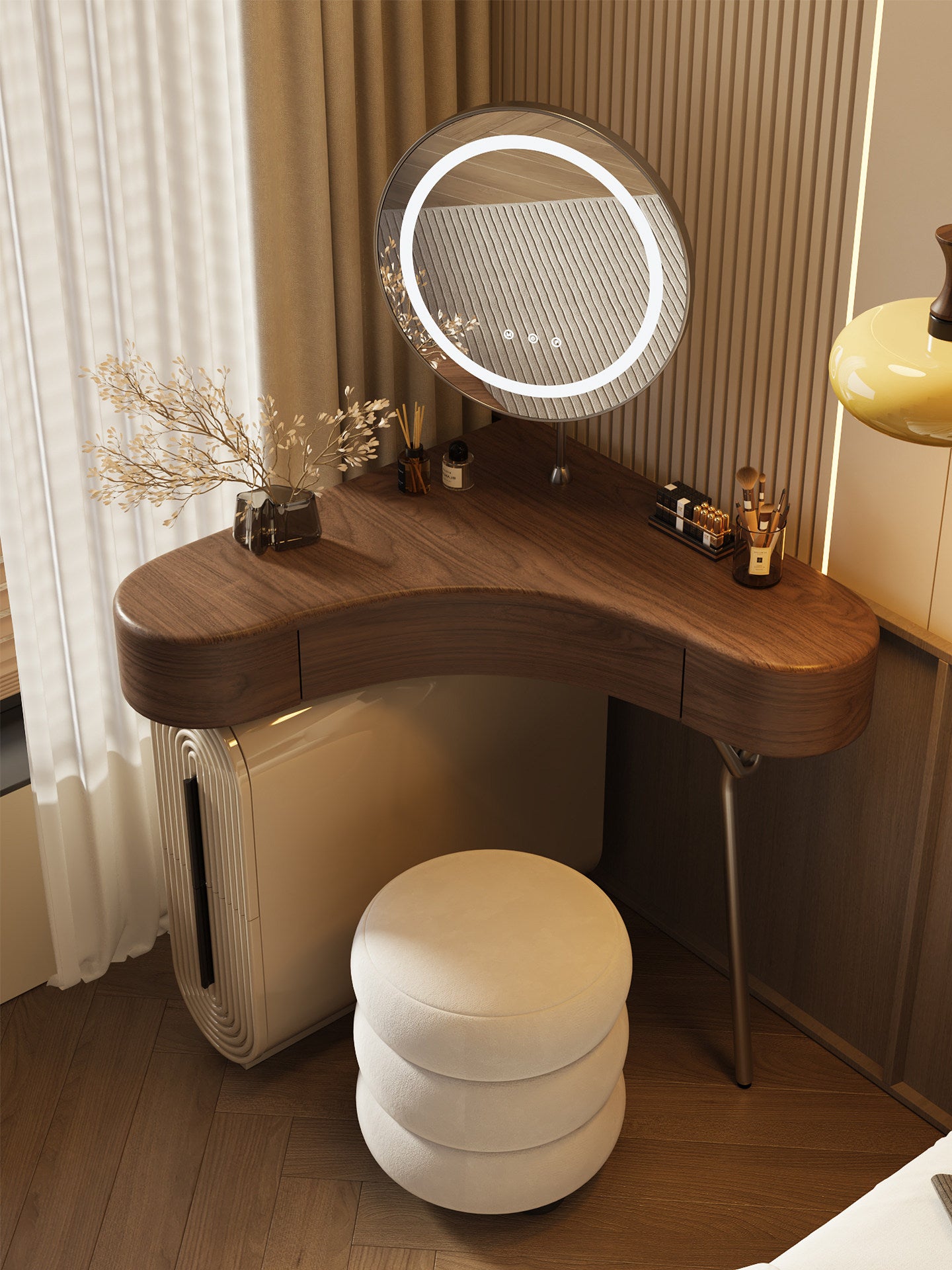 Corner Vanity Table Set with Mirror and Round Stool, Walnut and Khaki Gray