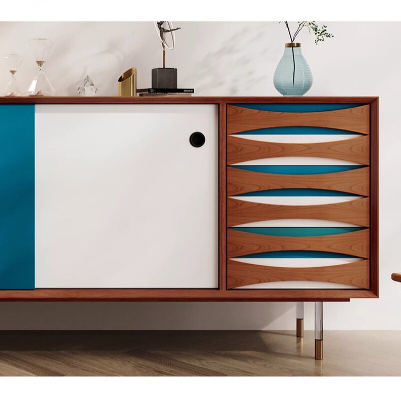 Blue and White Mid Century Style Sideboard Cabinet, 55 Inch Solid Wood Buffet Credenza with Sliding Doors and Wave Front Drawers, Modern Storage Cabinet for Dining Room, Living Room, Entryway, Hallway, and Kitchen
