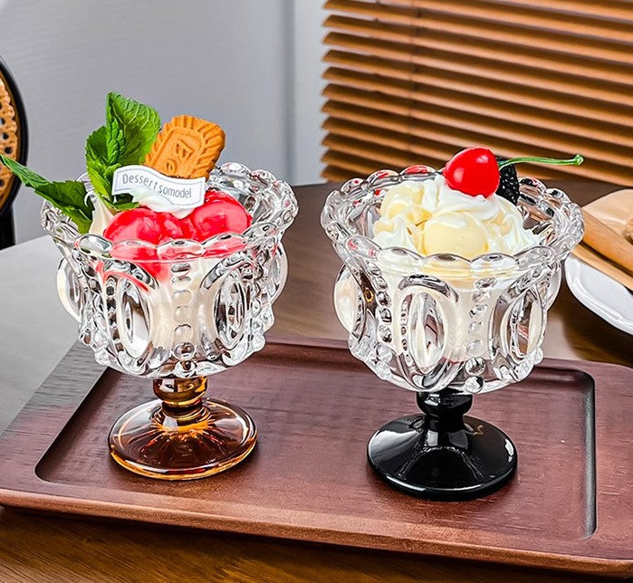 Embossed Glass Dessert Cup with Black Pedestal Base, Vintage Ice Cream Sundae Cup, Clear Footed Parfait Bowl for Yogurt, Pudding, Fruit, Mousse and Snacks