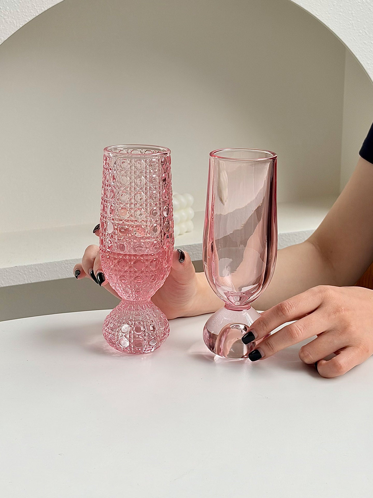 Pink Bubble Stem Champagne Glasses Set of 2, 6.4 oz Tall Footed Drinking Glasses with Smooth and Gem-Textured Designs for Sparkling Wine, Cocktails, Juice and Party Drinks
