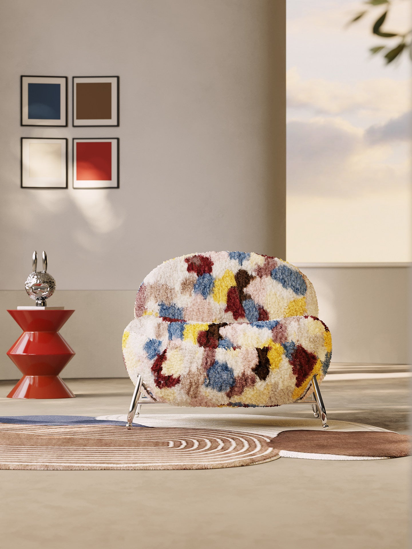 Modern Multicolor Bouclé Accent Chair, Upholstered Barrel Lounge Armchair with High-Density Foam Cushion and Metal Legs, Contemporary Reading Chair for Living Room, Bedroom, Office and Apartment