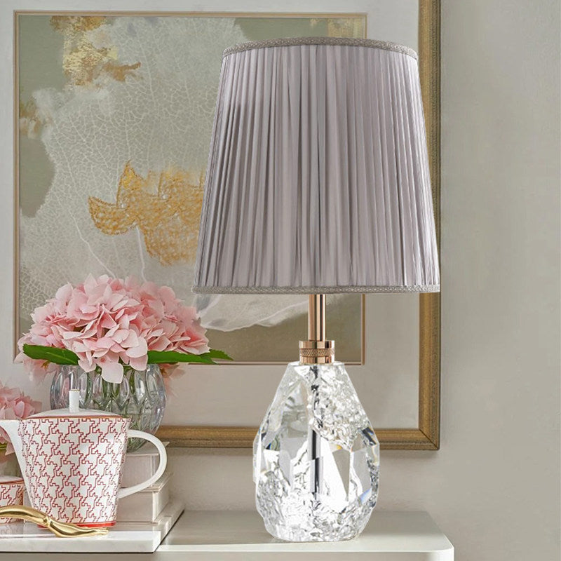 Crystal Table Lamp with Pleated Fabric Shade, Modern Faceted Glass Bedside Lamp with E27 Socket and Button Switch, Decorative Nightstand Lamp for Bedroom Living Room Study
