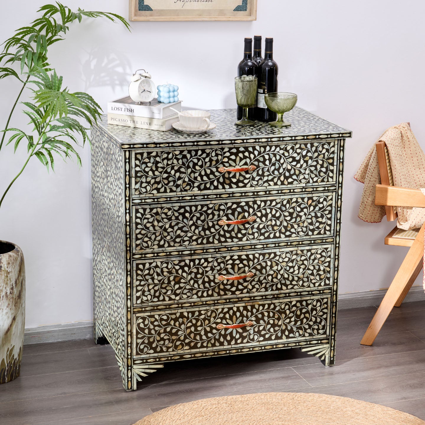 Black Mother of Pearl Shell Inlay 4 Drawer Chest, Floral Mosaic Dresser Cabinet with Handcrafted Leaf Pattern, Luxury Accent Storage Cabinet for Bedroom, Entryway, Living Room, Hallway, and Console Decor
