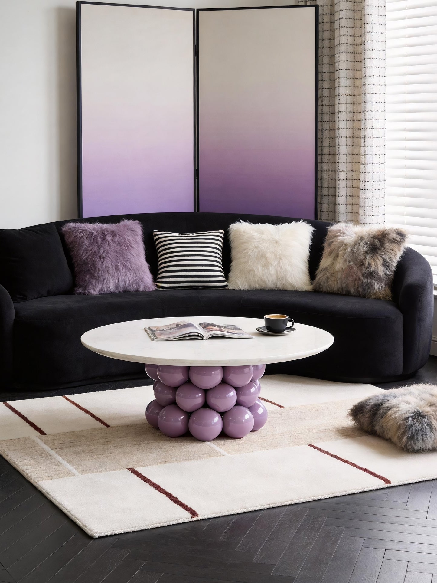 Round Faux Marble Coffee Table with Lavender Bubble Pedestal Base