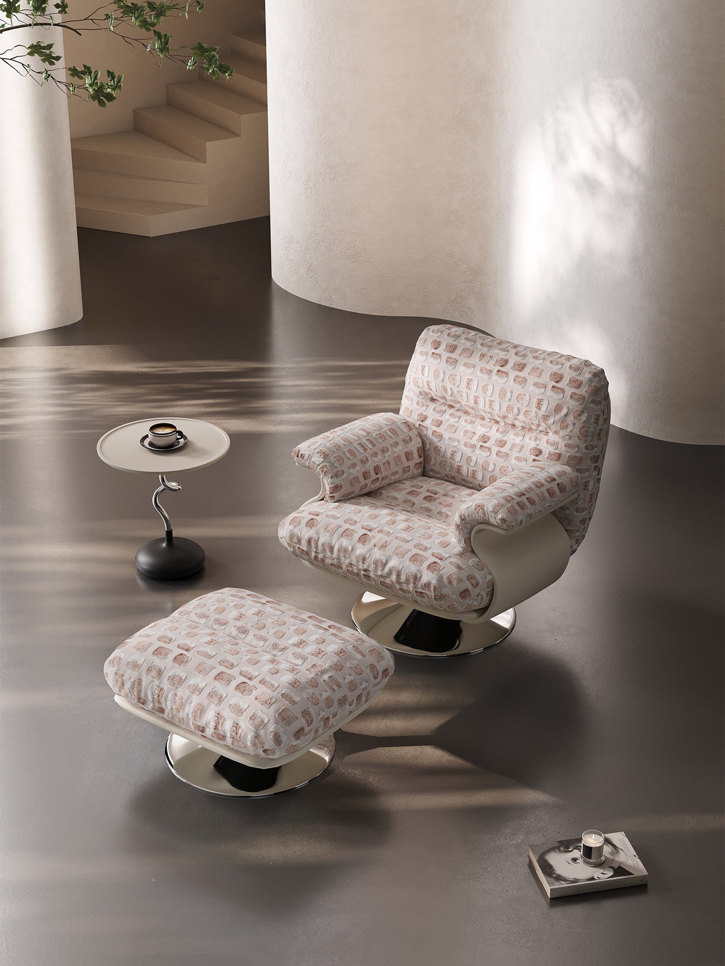 Modern Swivel Accent Chair with Ottoman, Upholstered Lounge Armchair and Footrest Set, High-Density Foam Reading Chair with Pedestal Base for Living Room, Bedroom and Office, Blush Beige