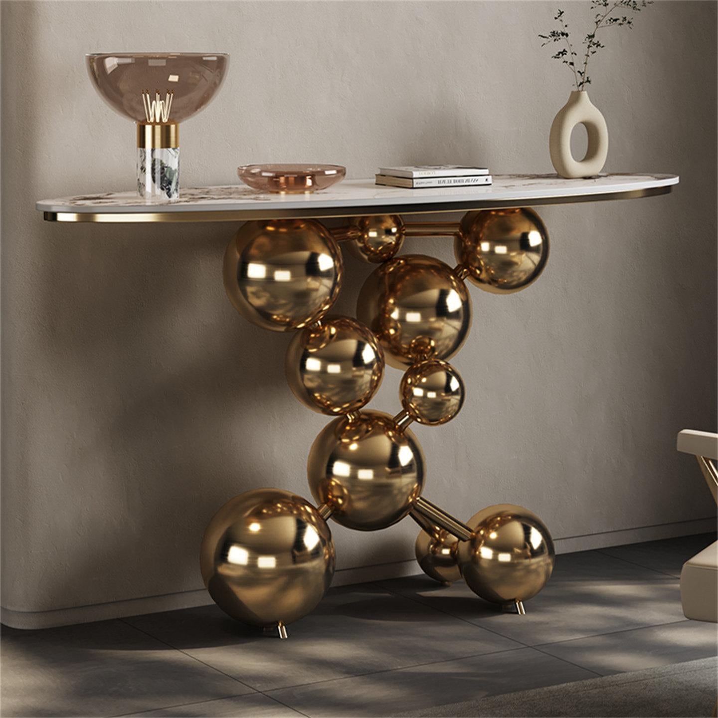 Gold Sphere Sintered Stone Console Table for Entryway