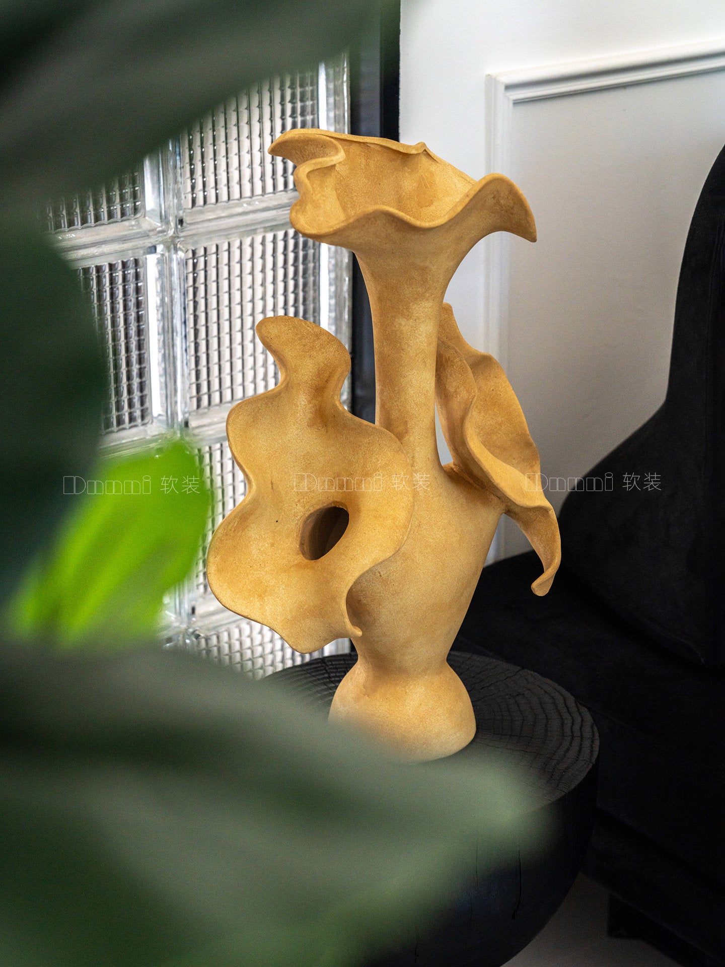 Large Sculptural Ceramic Vase, Mustard Yellow Floral Decorative Vessel