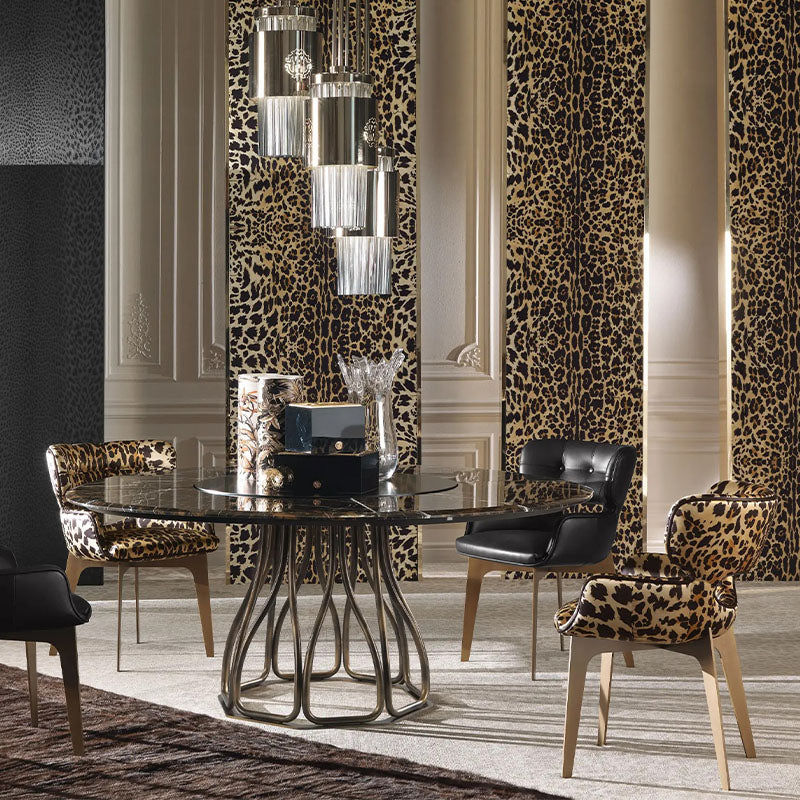 Leopard Print Upholstered Dining Chair with Arms and Metal Legs