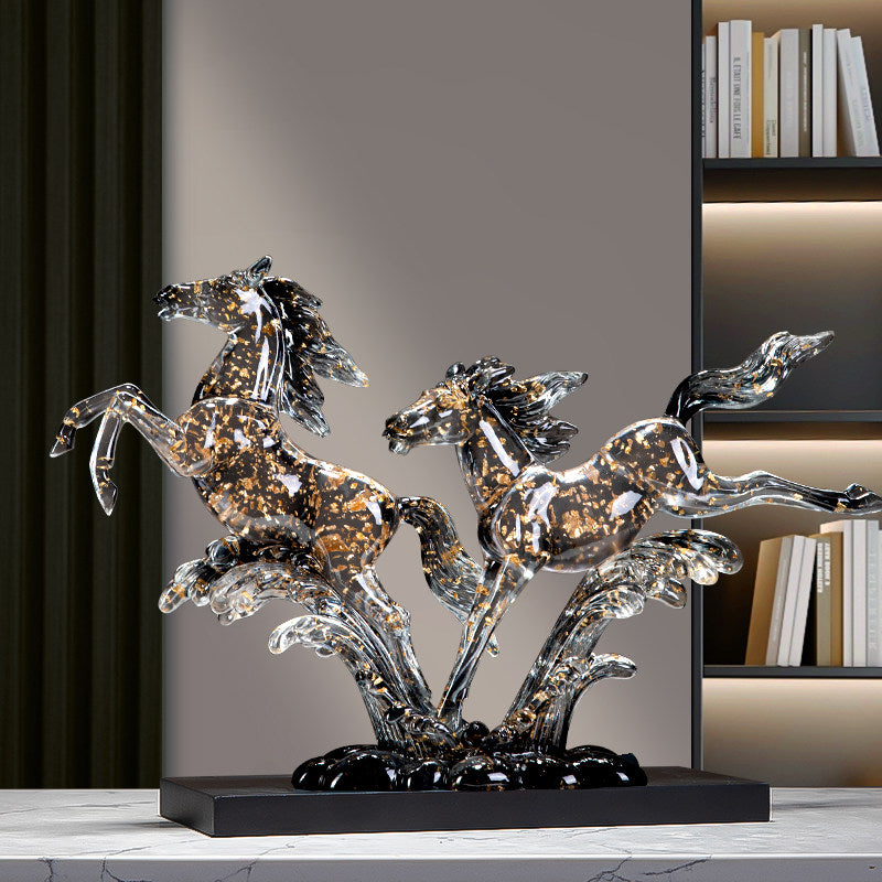 Transparent Gray Resin Double Horse Sculpture, Gold Flake Running Horses Figurine on Wooden Display Base for Office Desk, Living Room, Entryway, Business Opening or Housewarming Gift
