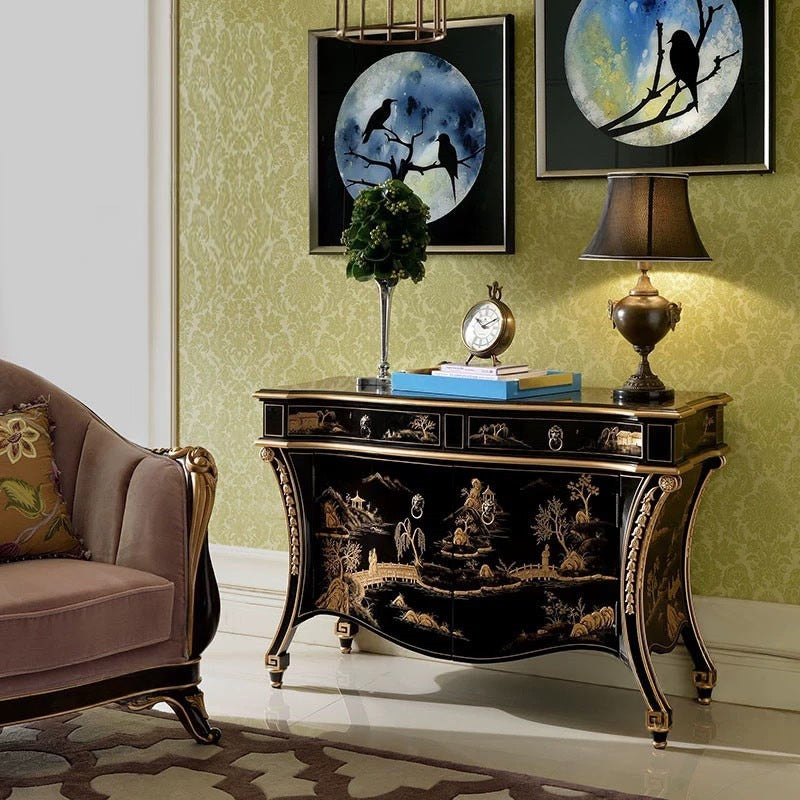Black Chinoiserie Sideboard Cabinet, Hand Painted Gold Landscape Storage Cabinet with Drawers and Doors, Solid Wood Console Cabinet for Entryway, Living Room, Dining Room, Bedroom