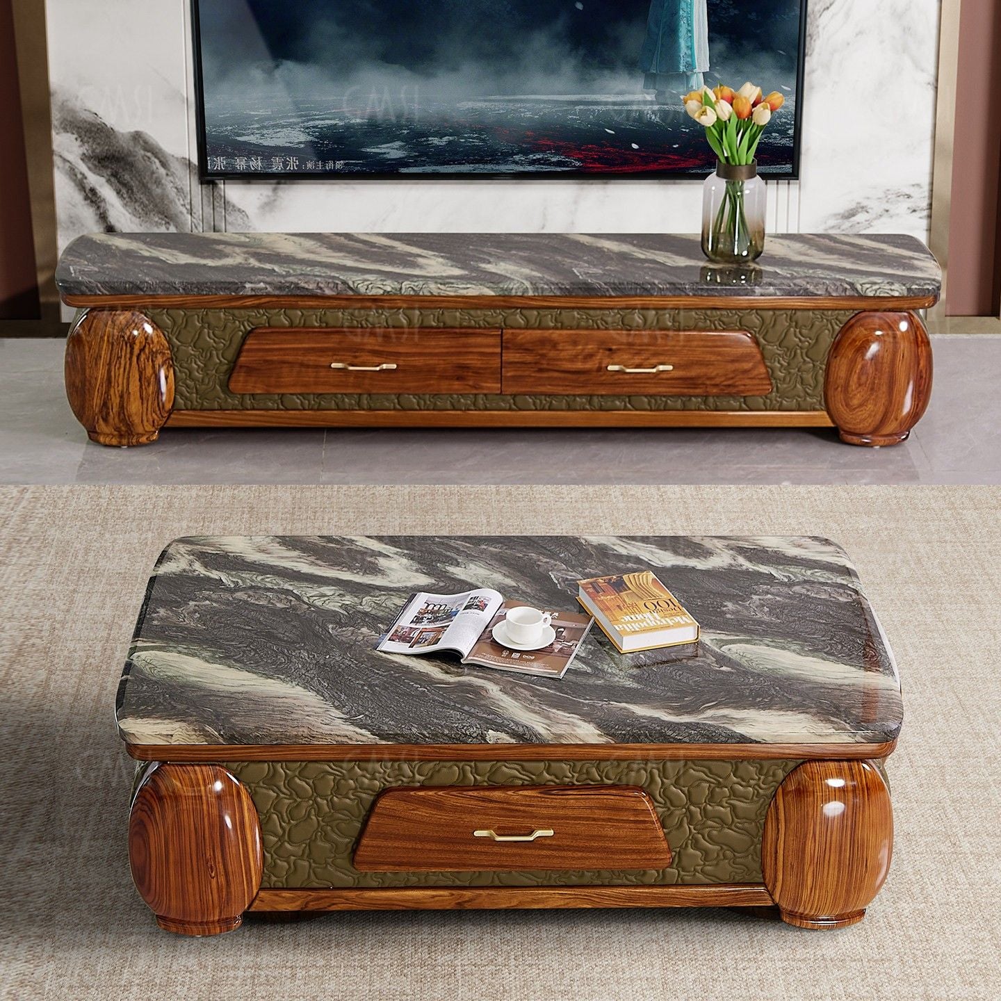 Wenge Wood Coffee Table with Marble Top and Storage Drawer