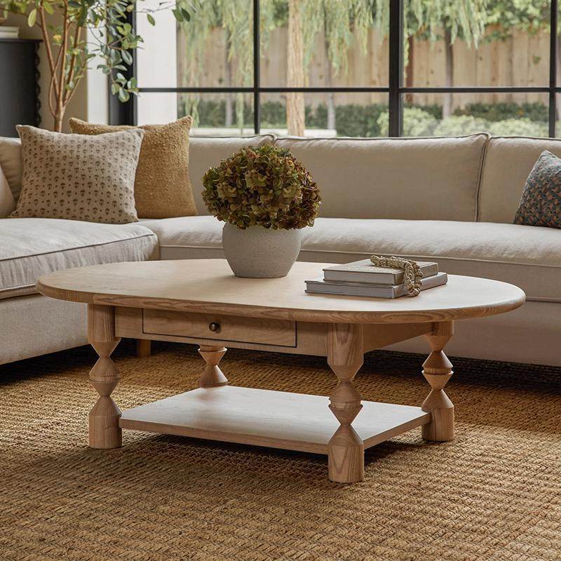 Solid Pine Wood Coffee Table with Drawer and Lower Shelf, Vintage Style Rectangular Center Table, Rustic Living Room Tea Table with Storage for Small Spaces, Natural Wood Finish
