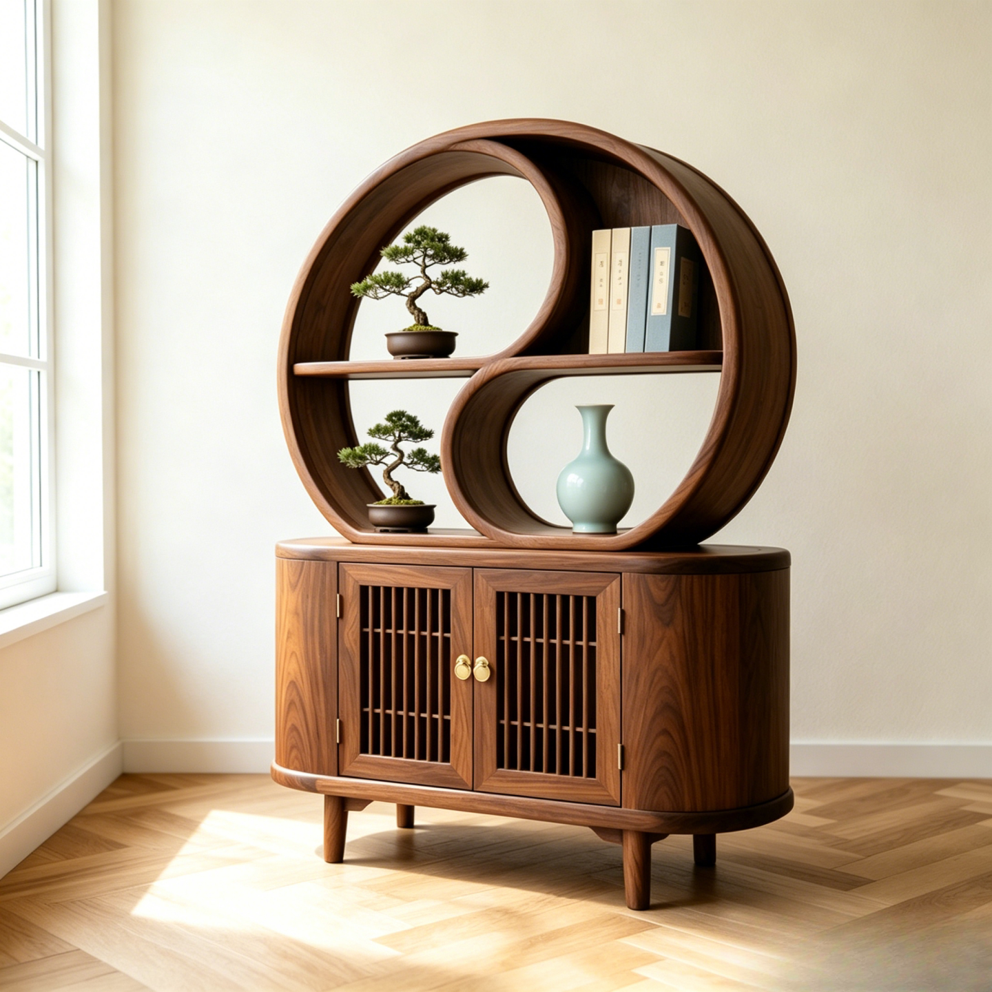 Ash Wood Display Cabinet with Shelves and Doors, 39.4 x 70.9 Inch