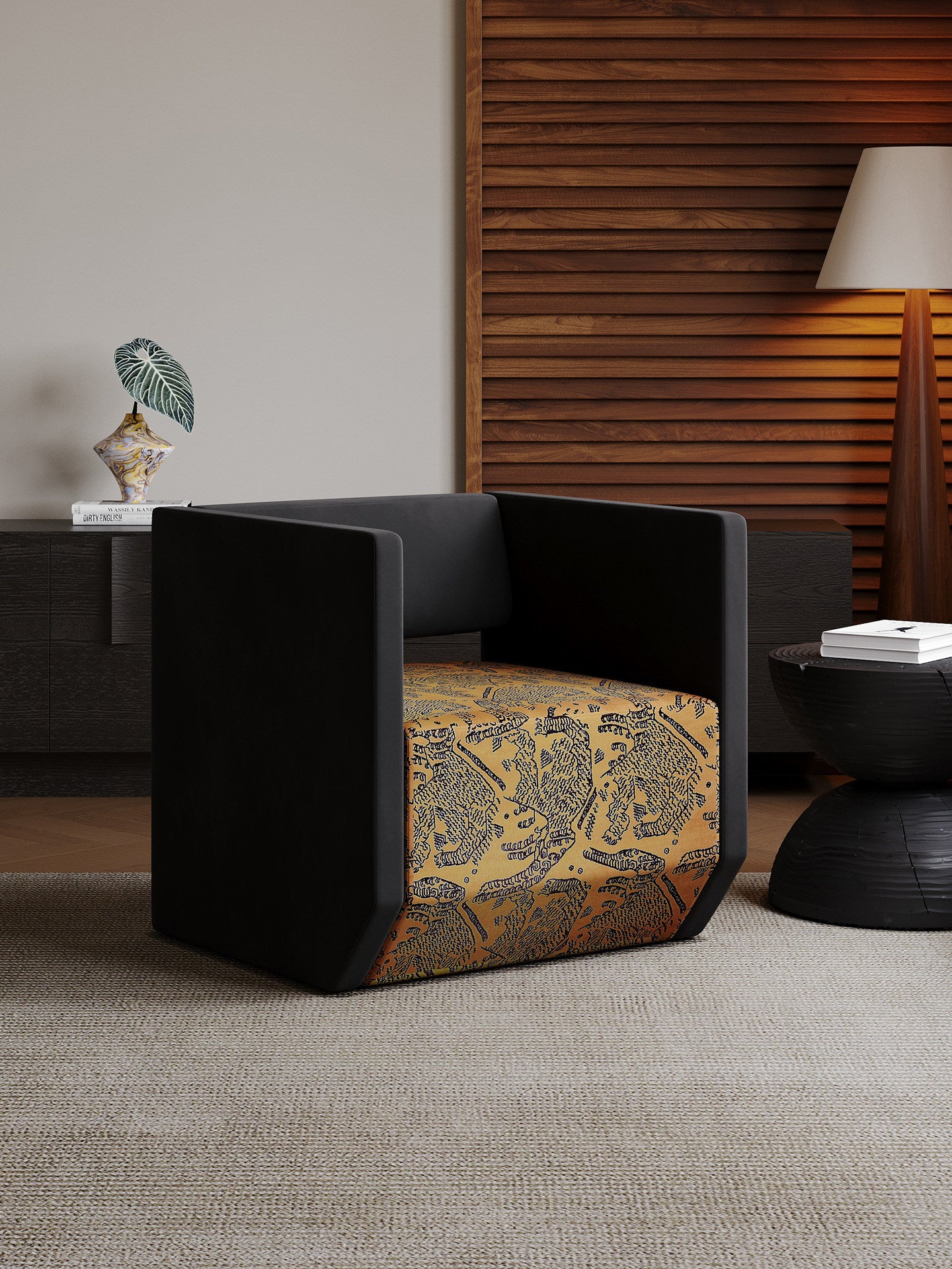 Black Upholstered Cube Accent Chair with Golden Brown Tiger Print Seat, Geometric Square Armchair with Enclosed Back for Living Room, Bedroom, Apartment, Hotel and Reading Corner