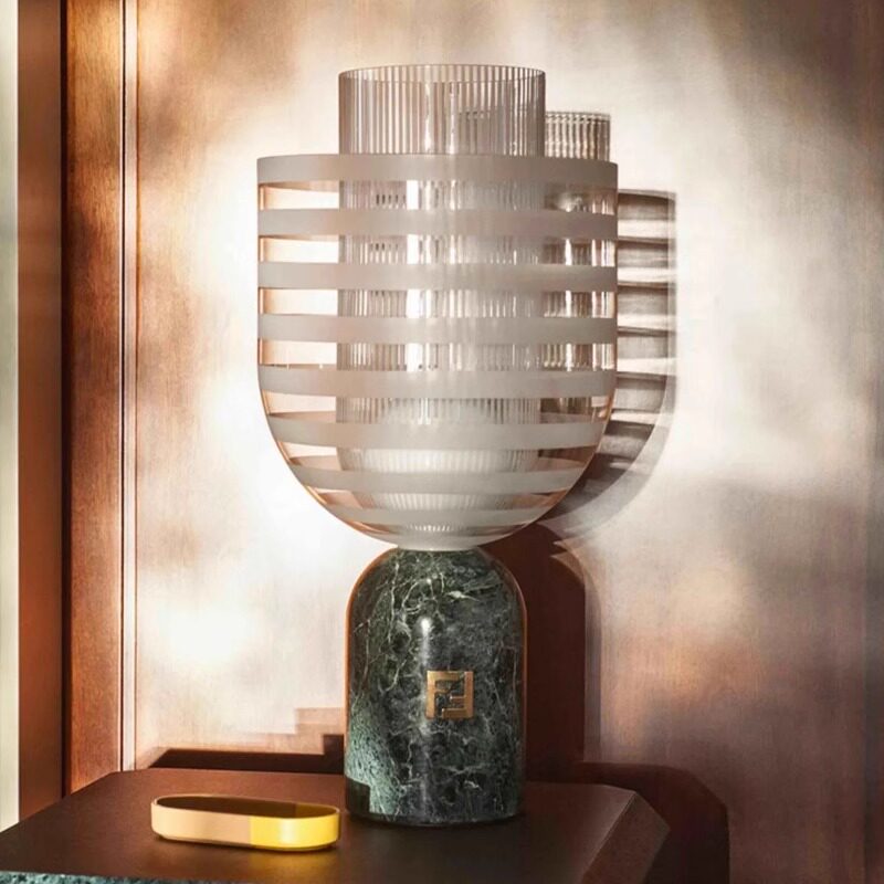 Modern Green Marble Table Lamp with Frosted Glass Shade, Contemporary Bedside Lamp for Bedroom, Living Room, Office, Nightstand, Console Table and Minimalist Home Decor