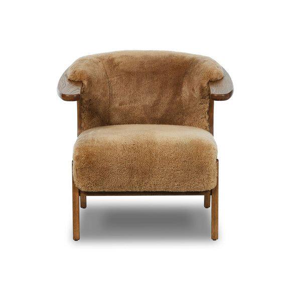 Tan Sherpa Accent Chair with Solid Wood Frame, Cozy Upholstered Lounge Chair, Modern Rustic Armchair with Rounded Backrest for Living Room, Bedroom, Reading Nook, Hotel and Study