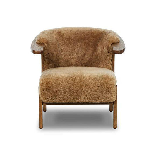 Tan Sherpa Accent Chair with Solid Wood Frame, Cozy Upholstered Lounge Chair, Modern Rustic Armchair with Rounded Backrest for Living Room, Bedroom, Reading Nook, Hotel and Study