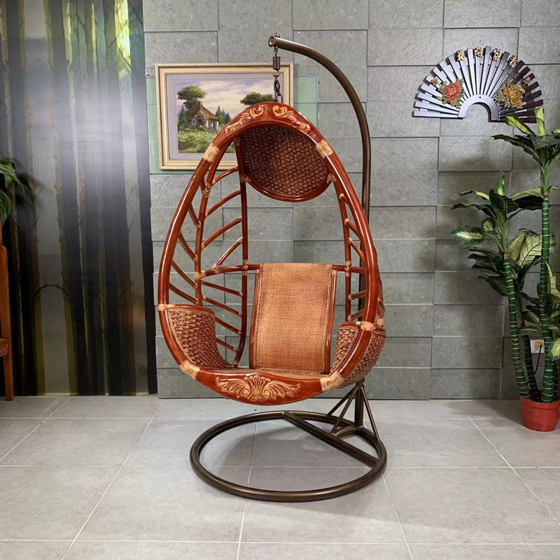 Natural Rattan Hanging Egg Chair with Stand, Mahogany Brown Swing Seat