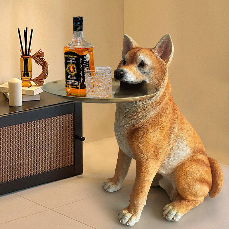 Shiba Inu Dog Statue Tray Holder, Yellow Resin Dog Floor Decor with Round Gold Tray, Cute Entryway Key Bowl Stand for Living Room, TV Cabinet, Bedroom and Housewarming Gift