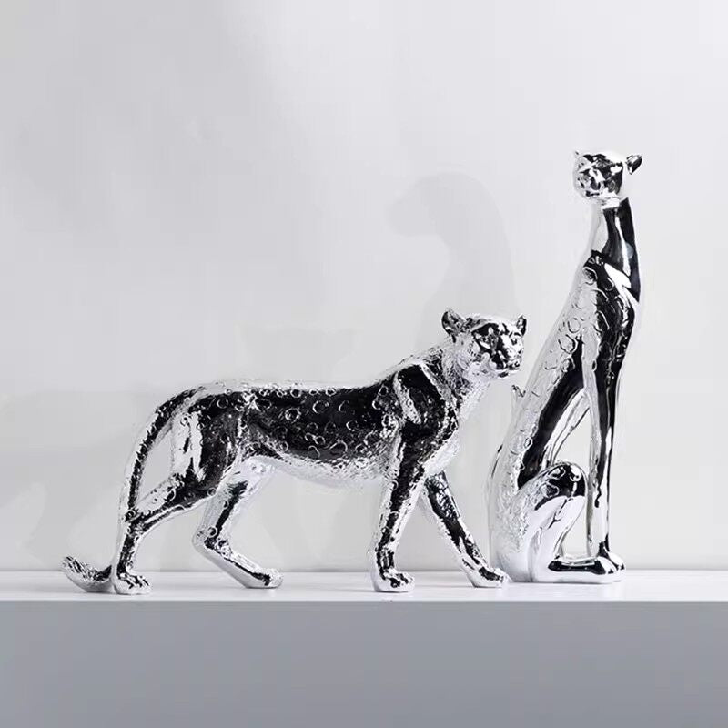 Silver Leopard Statue Set of 2, Metallic Big Cat Sculptures, Standing and Sitting Leopard Figurines for Tabletop, Bookshelf, Console Table, Living Room, Office, Hotel Decor