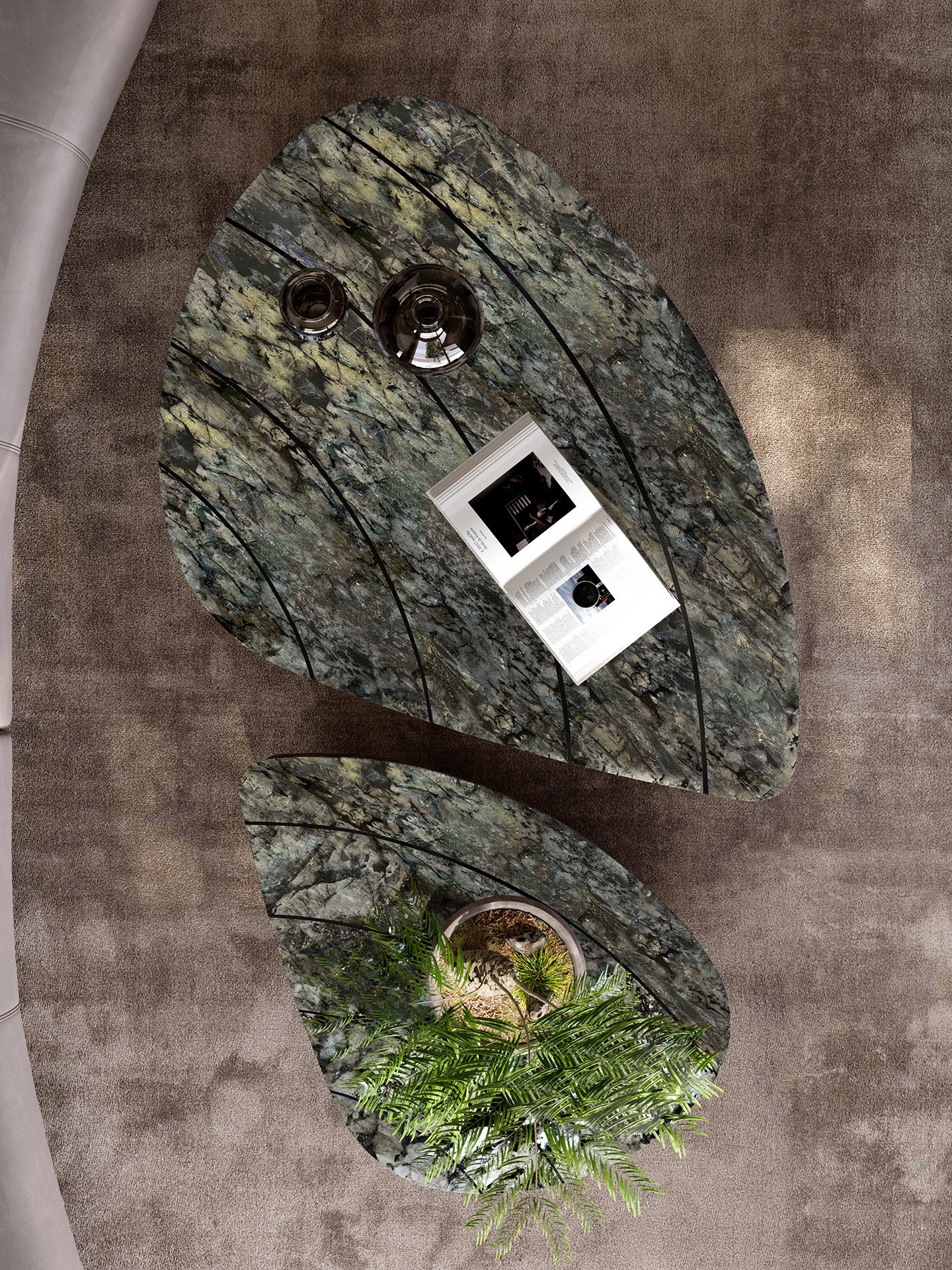 Sapphire-Tone Natural Stone Nesting Coffee Table Set, 2 Piece Shell Shaped Coffee Tables with Antique Bronze Base, Modern Luxury Center Table Set for Living Room, Lounge, Villa