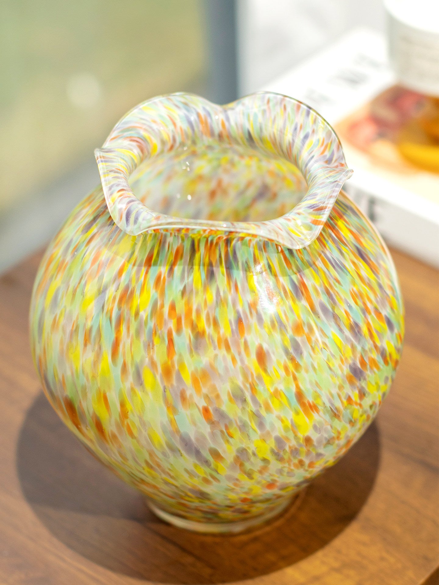 Multicolor Art Glass Vase, Ruffled Rim Decorative Flower Vase