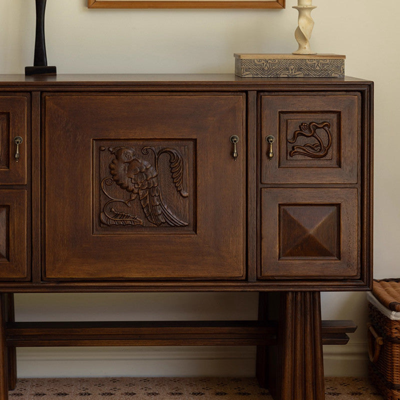 Solid Wood Sideboard Cabinet, Carved Accent Credenza with 5 Doors
