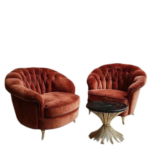 Orange Velvet Barrel Accent Chair with Tufted Back and Gold Legs