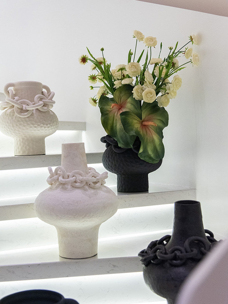 Black Ceramic Chain Vase, Sculptural Narrow-Neck Decorative Vessel