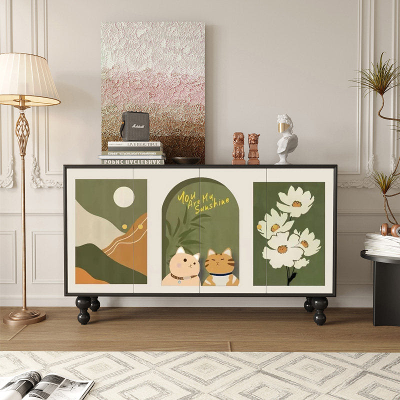 French Style Hand Painted Cat Floral Sideboard Cabinet, Solid Wood Accent Storage Cabinet, Decorative Entryway Console, Dining Room Buffet, Living Room Credenza