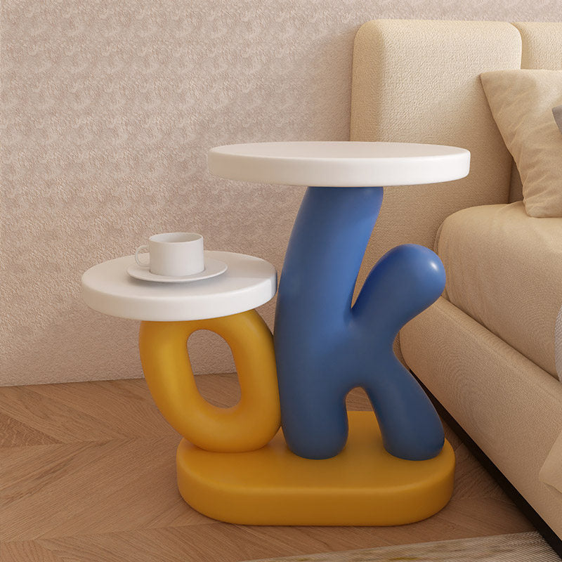 Blue and Yellow Letter Side Table with Two Round Display Trays