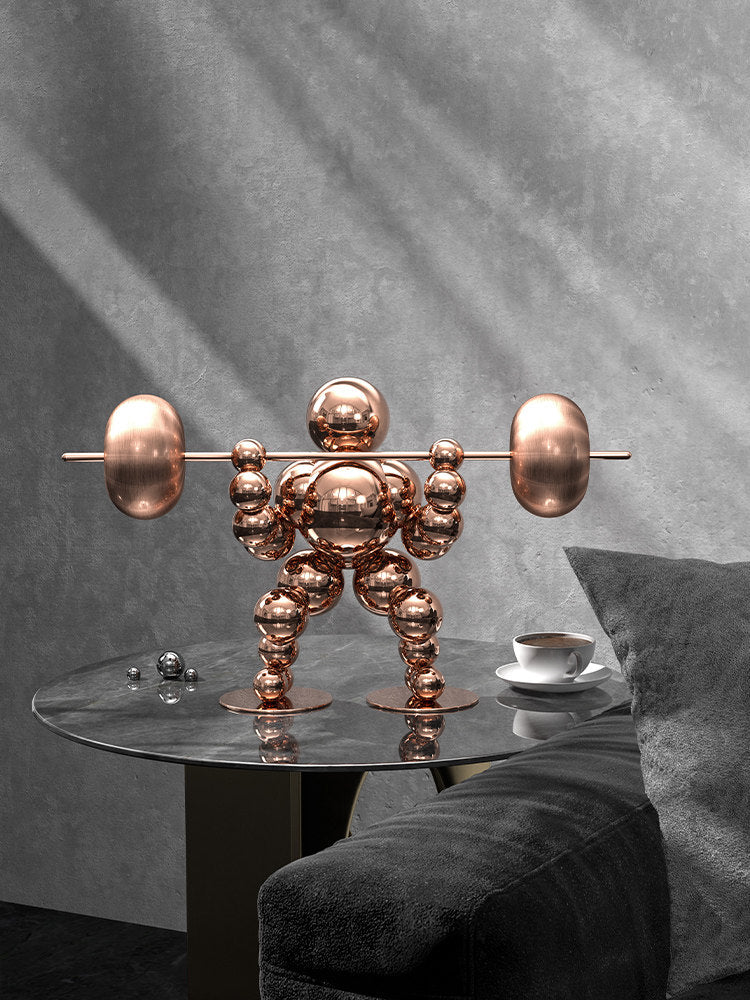Rose Gold Weightlifting Sculpture, Balloon Figure Office Desk Decor
