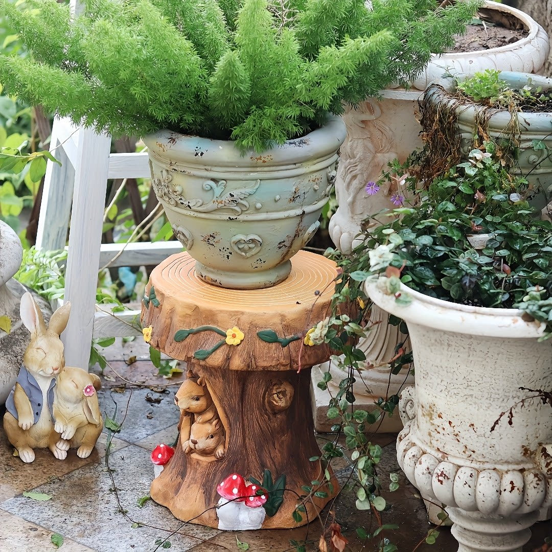 Tree Stump Stool 13 Inch, Squirrel Mushroom Garden Seat and Outdoor Decor