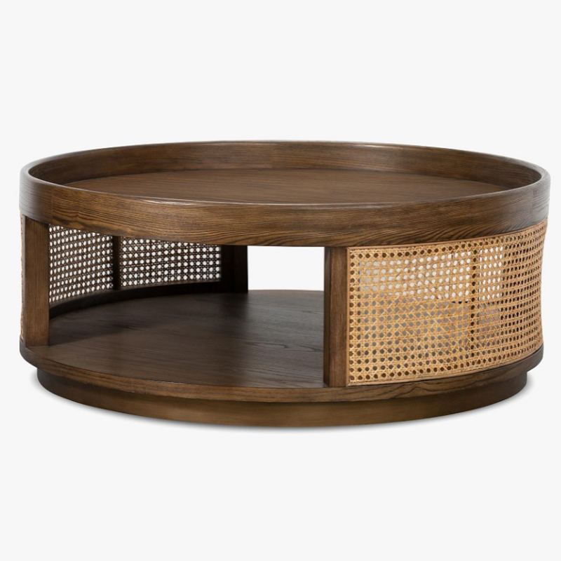 Round Wood Rattan Coffee Table, Cane Woven Center Table with Lower Storage Shelf for Living Room, Hotel, Villa, Farmhouse Lounge Decor