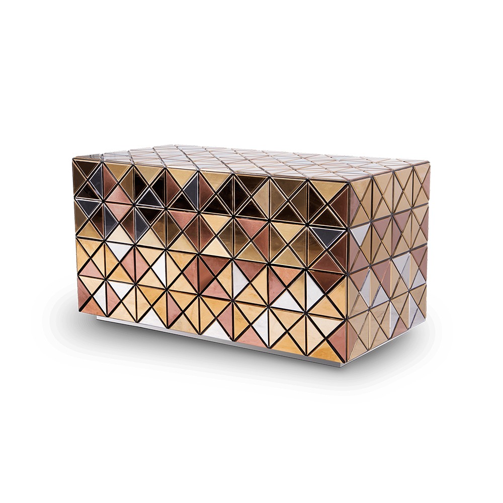 Geometric Mosaic Mirrored Nightstand with Drawers for Bedroom