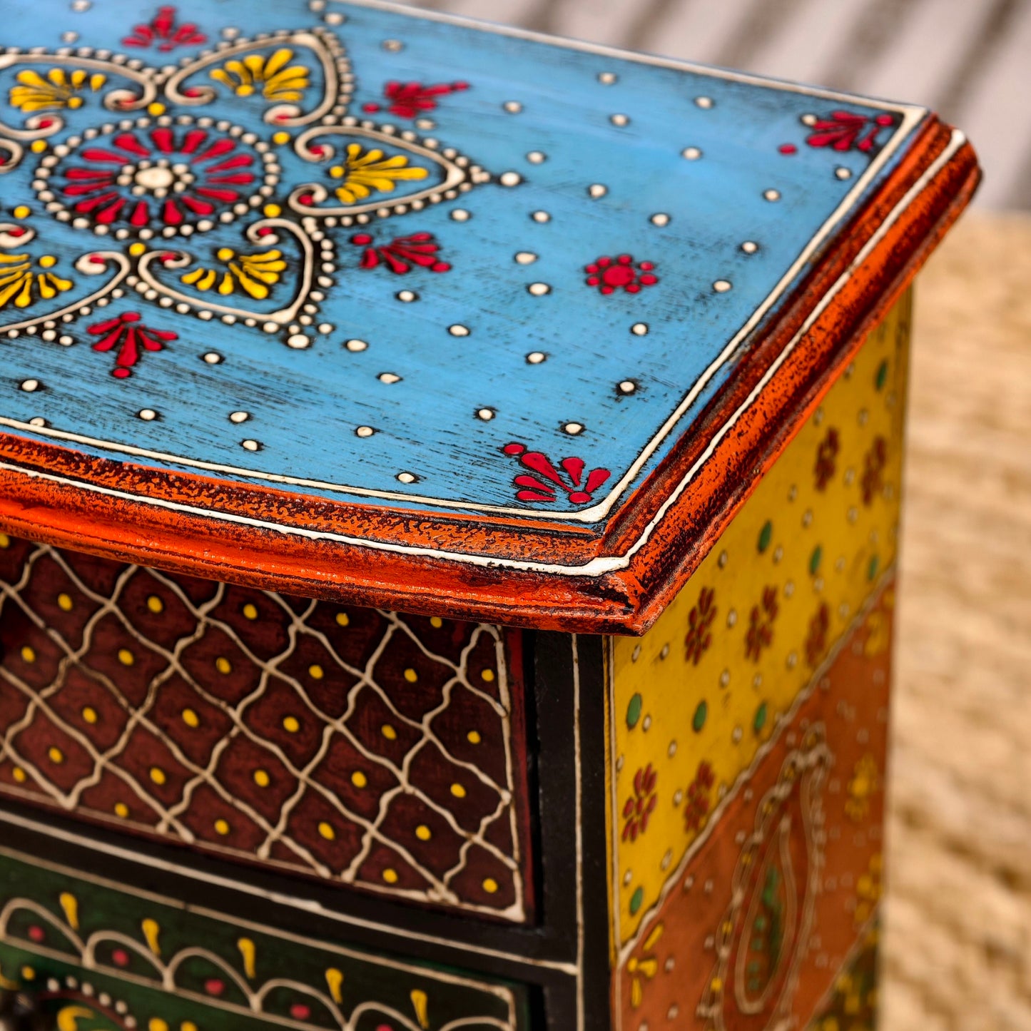 Hand-Painted Solid Wood Jewelry Box with 3 Drawers, Multicolor
