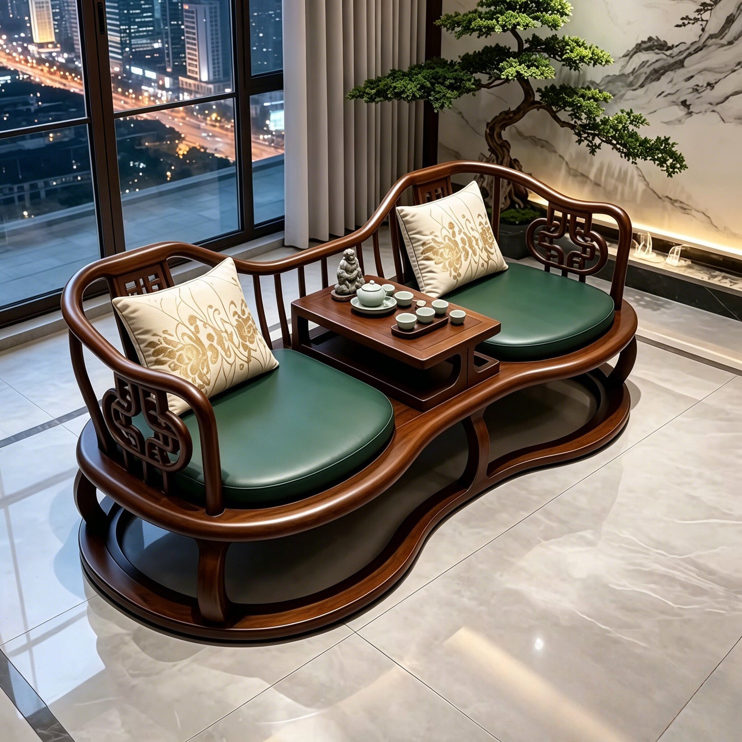 Solid Black Walnut Wood Chinese Daybed Bench with Built-In Tea Table, Upholstered Double Lounge Chair, Traditional Carved Chaise Sofa, Oriental Conversation Bench for Living Room, Tea Room, Bedroom &amp; Reading Nook