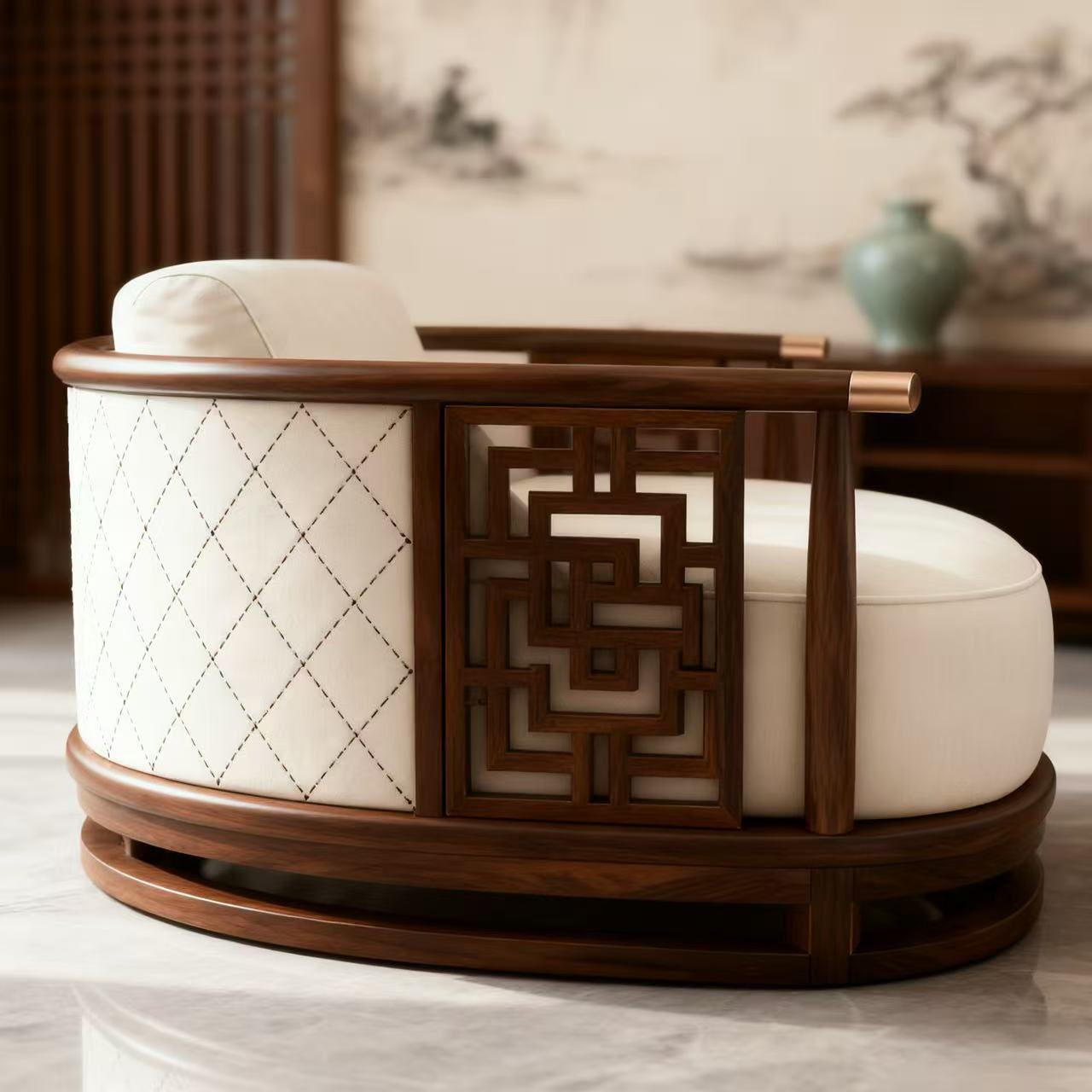White Upholstered Ash Wood Barrel Accent Chair with Openwork Arms