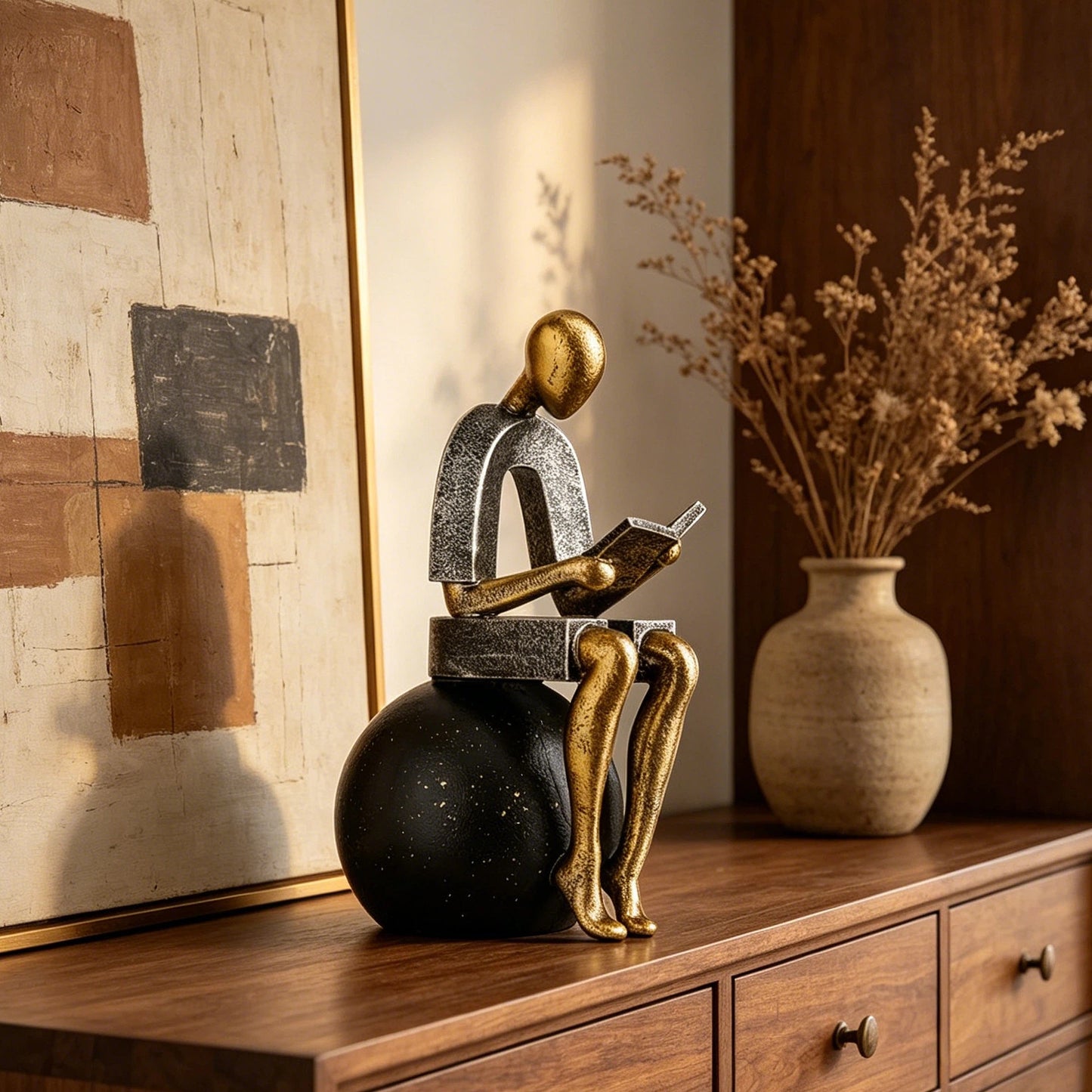 Black and Antique Gold Resin Reading Person Figurine, Abstract Seated Reader Sculpture with Book, Modern Literary Tabletop Décor for Bookshelf, Study, Office, Living Room and Entryway