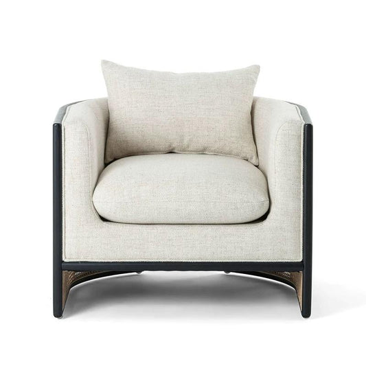 Cream Fabric Accent Chair with Black Wood Frame and Cane Panels