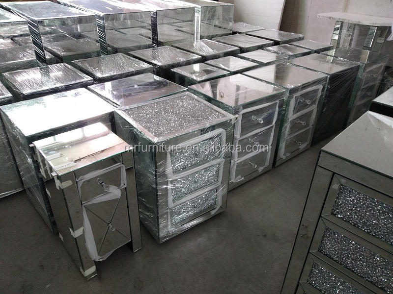 Silver Mirrored Nightstand with 3 Drawers and Crystal Inlay