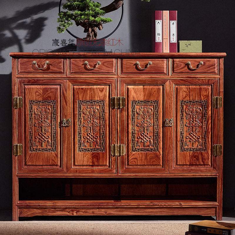 Reddish Brown Solid Wood Shoe Cabinet, 4-Door 4-Drawer Entryway Storage Organizer with Carved Panels and Open Bottom Shelf for Foyer, Hallway, Bedroom and Living Room