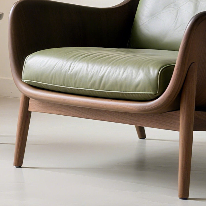 Black Walnut Wood Accent Chair with Olive Green Leather Cushion, Modern Lounge Armchair for Living Room, Bedroom, Reading Nook, Office and Hotel Reception