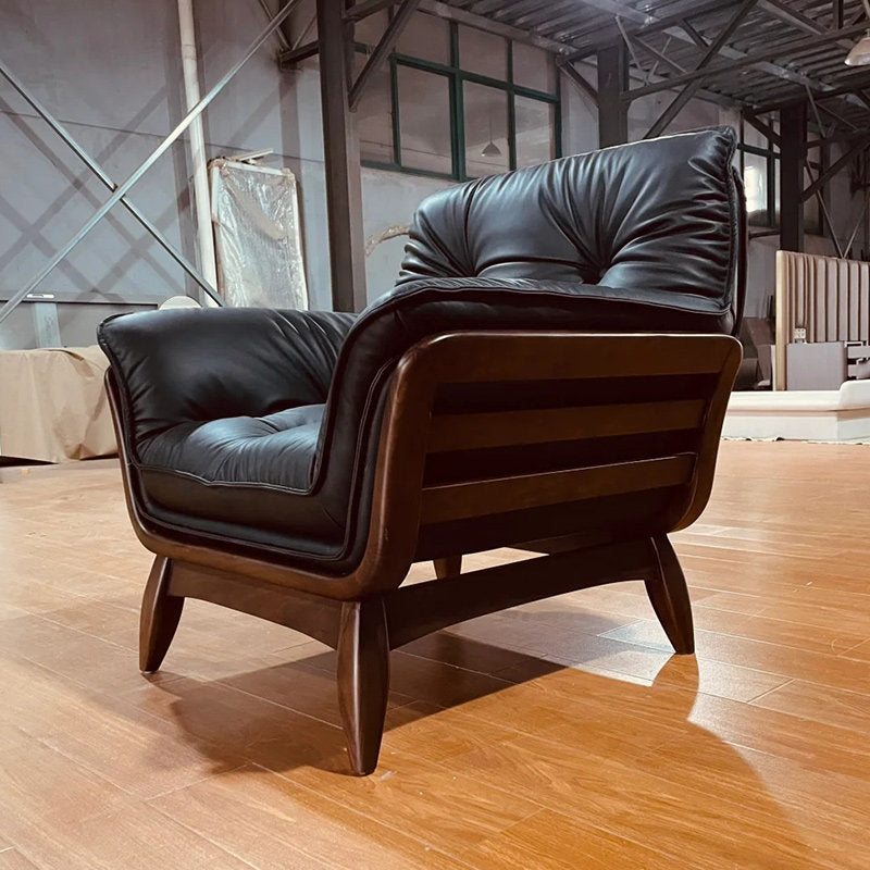 Dark Brown Leather Accent Chair with Black Walnut Wood Frame