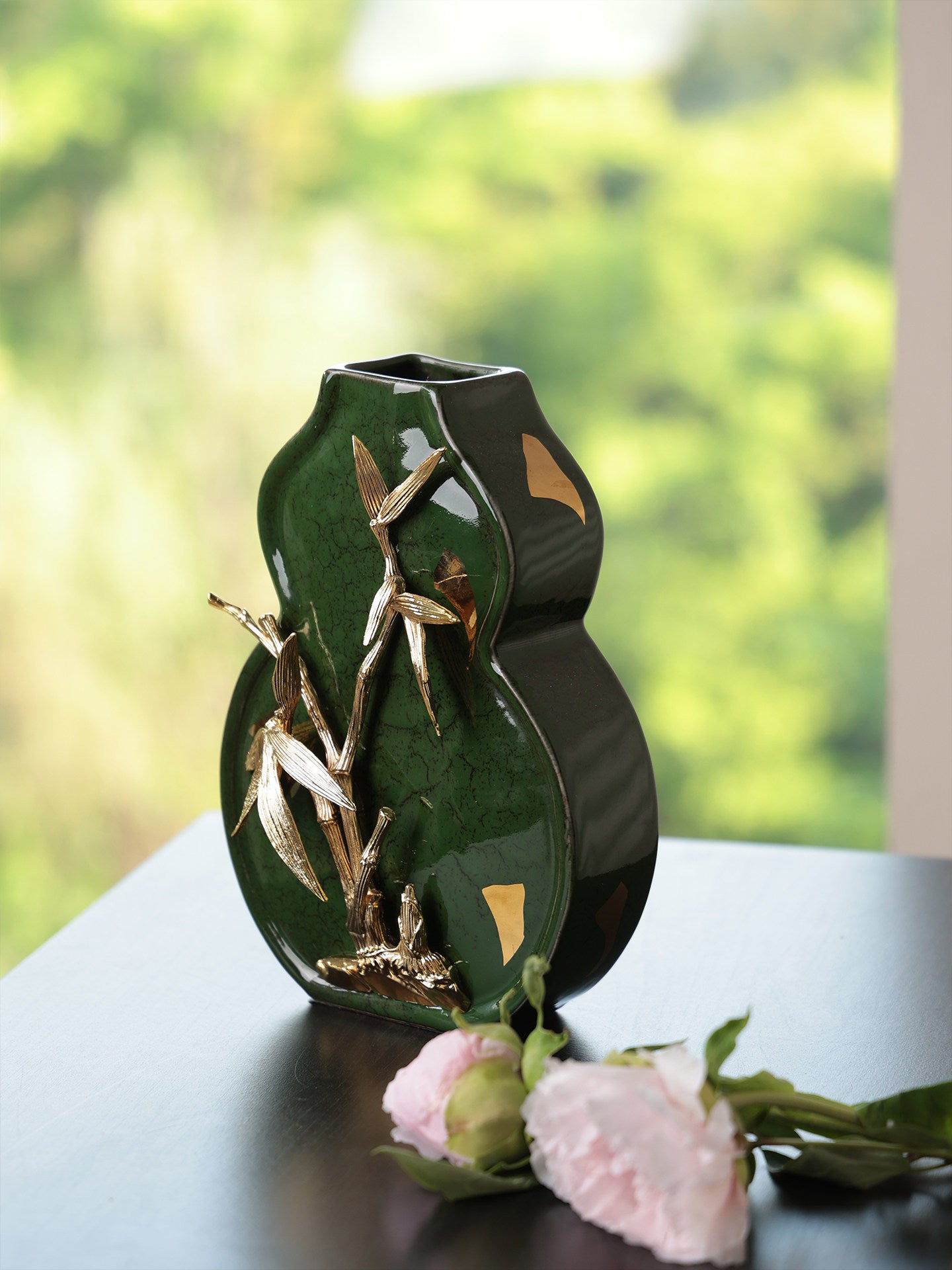Green Ceramic Gourd Vase with Gold Bamboo Accent, Decorative Table Vase