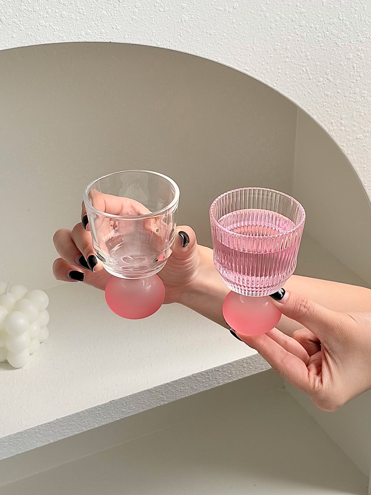Set of 4 Pink Ball Stem Shot Glasses, 3.4 oz Small Footed Glass Cups with Mixed Textured Clear Bowls for Whiskey, Liqueur, Soju, Sake, Dessert Shooters and Tasting Drinks